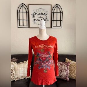 Vintage Y2K Ed Hardy Crystal Rhinestone Embellished Long Sleeve Shirt Size XL